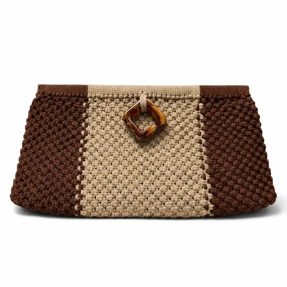 Vintage Crochet Clutch Purse Brown Tan Tortoiseshell Buckle Boho Retro - Picture 5 of 8